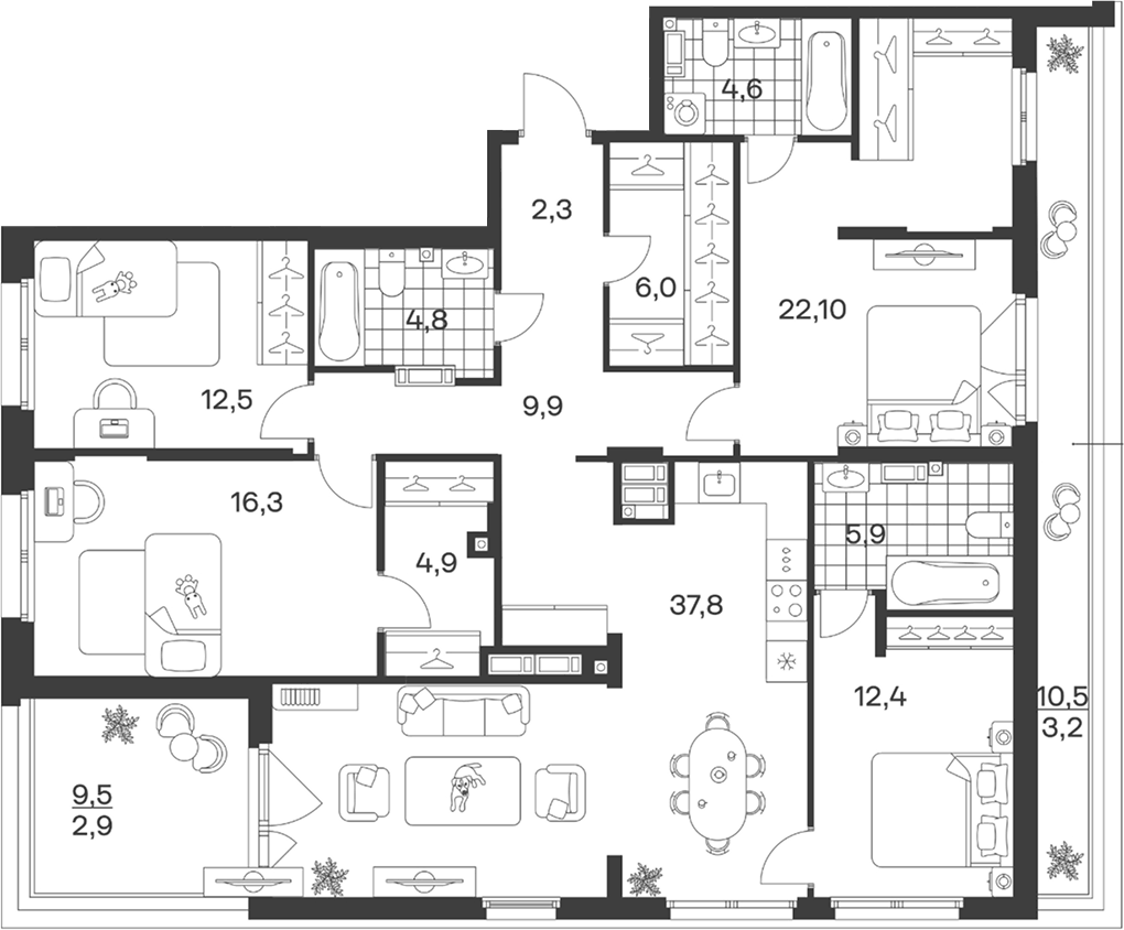 Планировка 5Е-к.кв 145.6 м² в ЖК «Символ. ГК Трест», корпус 1
