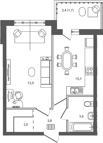 Планировка однокомнатная 37.9 м² в ЖК «Сиреневый бульвар», корпус 3