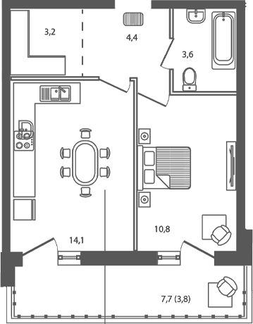 Планировка однокомнатная 39.9 м² в ЖК «Сиреневый бульвар», корпус 3