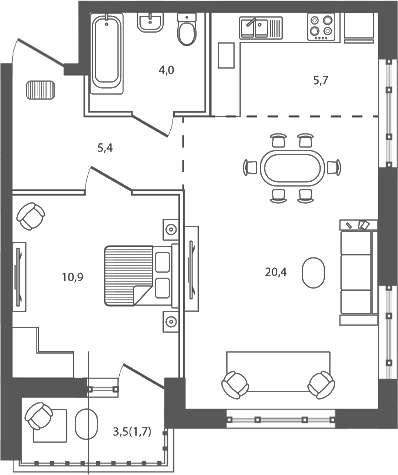Планировка евродвушка (2Е) 48.1 м² в ЖК «Сиреневый бульвар», корпус 4