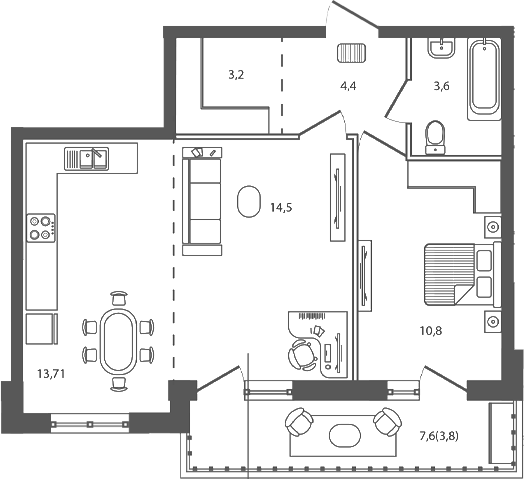 Планировка евродвушка (2Е) 54 м² в ЖК «Сиреневый бульвар», корпус 3