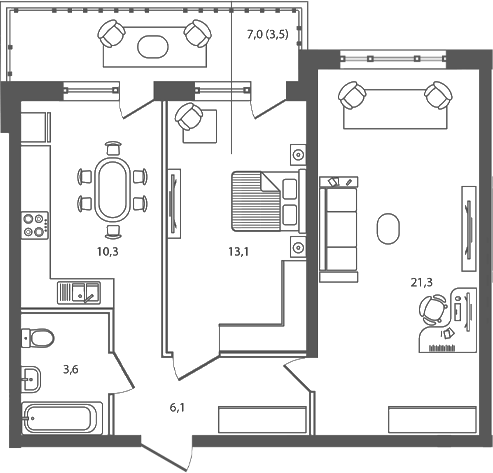 Планировка двухкомнатная 57.9 м² в ЖК «Сиреневый бульвар», корпус 4