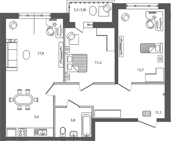 Планировка евротрёшка (3Е) 64.9 м² в ЖК «Сиреневый бульвар», корпус 3