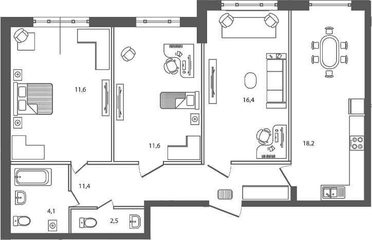 Планировка трёхкомнатная 75.8 м² в ЖК «Сиреневый бульвар», корпус 4