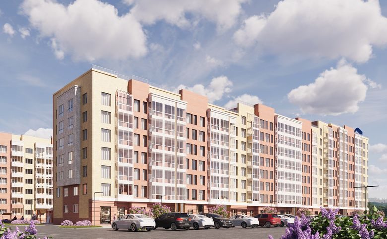 Сиреневый бульвар — Фасад корпуса с облицовкой из кирпича трёх оттенков — террак