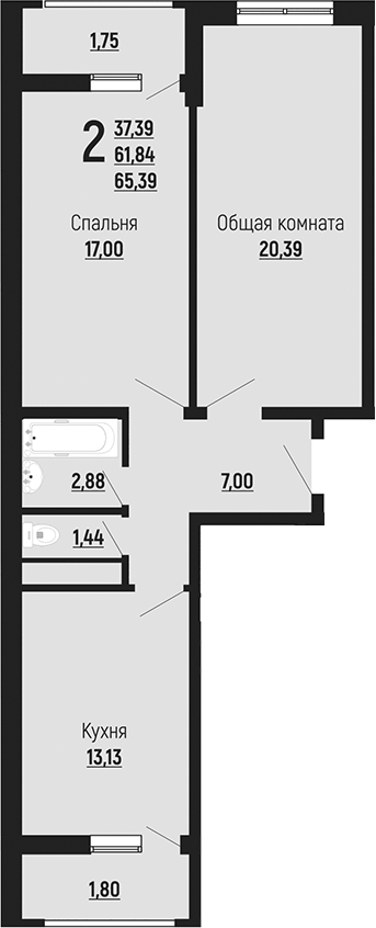 Планировка двухкомнатная 65.39 м² в ЖК «Славянка», корпус 10