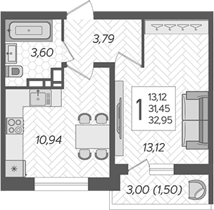 Планировка однокомнатная 32.95 м² в ЖК «Смородина», корпус 20