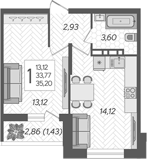 Планировка однокомнатная 35.2 м² в ЖК «Смородина», корпус 20