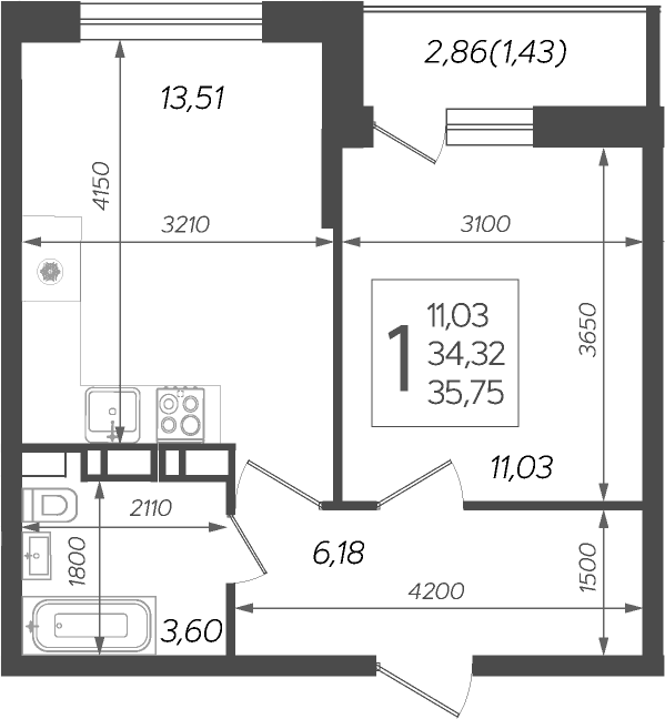Планировка однокомнатная 35.75 м² в ЖК «Смородина», корпус 7