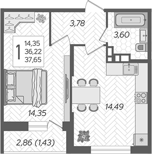 Планировка однокомнатная 37.65 м² в ЖК «Смородина», корпус 18