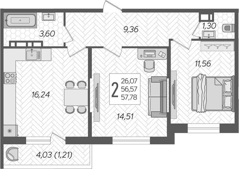 Планировка двухкомнатная 57.78 м² в ЖК «Смородина», корпус 19