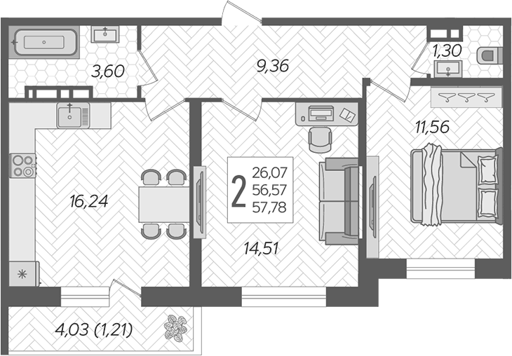 Планировка евротрёшка (3Е) 57.78 м² в ЖК «Смородина», корпус 17