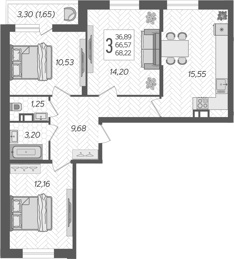 Планировка трёхкомнатная 68.22 м² в ЖК «Смородина», корпус 19
