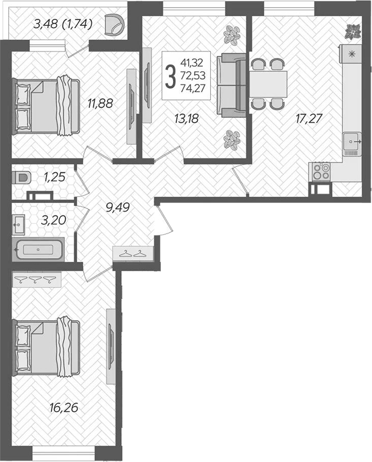 Планировка трёхкомнатная 74.27 м² в ЖК «Смородина», корпус 13