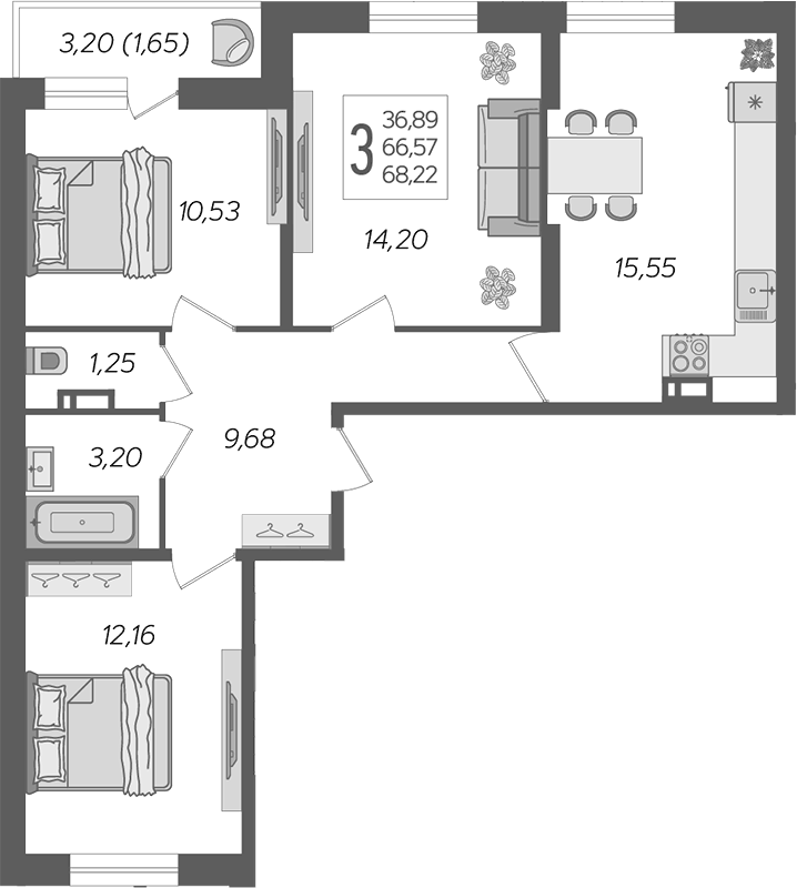 Планировка евро-4 (4Е) 68.22 м² в ЖК «Смородина», корпус 17