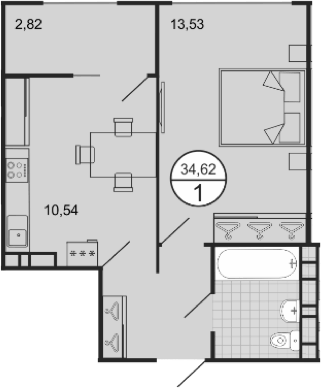 Планировка однокомнатная 34.62 м² в ЖК «Событие», корпус 4