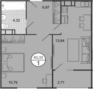 Планировка однокомнатная 43.33 м² в ЖК «Событие», корпус 3