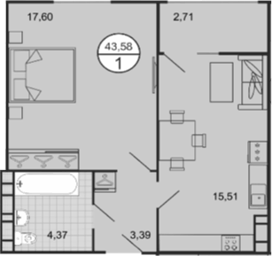 Планировка евродвушка (2Е) 43.58 м² в ЖК «Событие», корпус 3