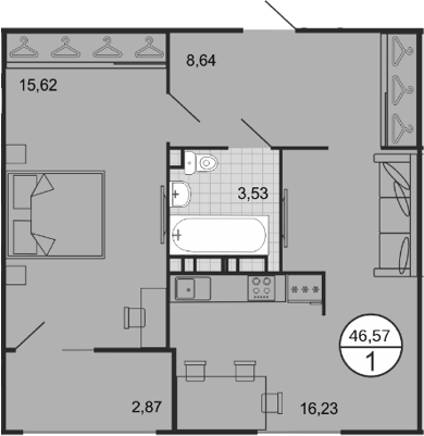 Планировка евродвушка (2Е) 46.57 м² в ЖК «Событие», корпус 1