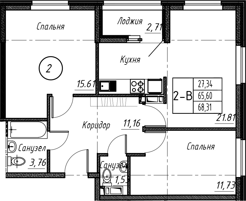 Планировка евротрёшка (3Е) 68.21 м² в ЖК «Событие», корпус 1