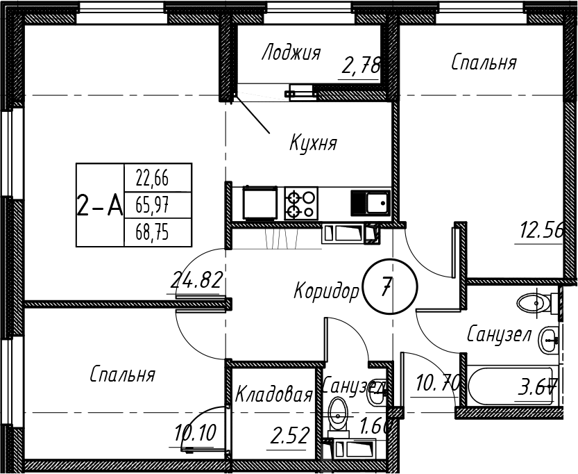 Планировка евротрёшка (3Е) 68.68 м² в ЖК «Событие», корпус 1