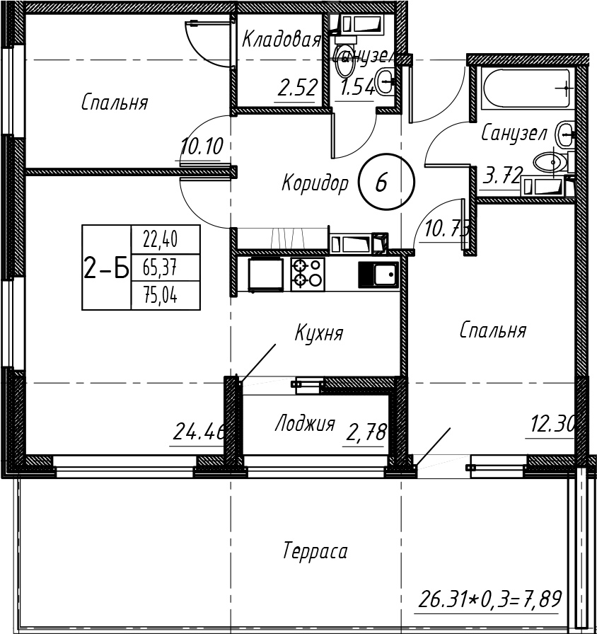 Планировка евротрёшка (3Е) 77.25 м² в ЖК «Событие», корпус 1