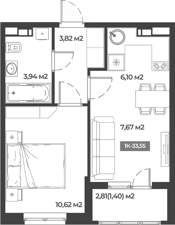 Планировка однокомнатная 33.55 м² в ЖК «Соловей», корпус 1