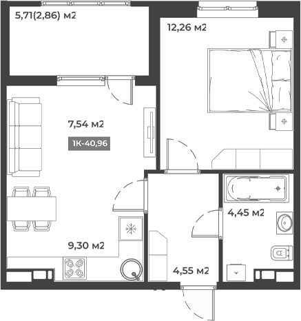 Планировка однокомнатная 40.96 м² в ЖК «Соловей», корпус 1