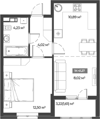 Планировка однокомнатная 41.27 м² в ЖК «Соловей», корпус 2