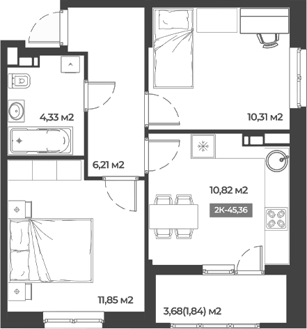 Планировка двухкомнатная 45.36 м² в ЖК «Соловей», корпус 1