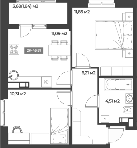 Планировка двухкомнатная 45.81 м² в ЖК «Соловей», корпус 1