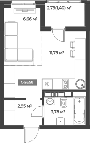 Планировка Студии 26.58 м² в ЖК «Соловей», корпус 2