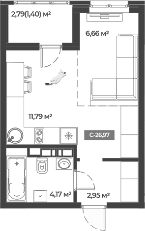 Планировка Студии 26.97 м² в ЖК «Соловей», корпус 2