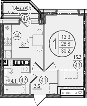 Планировка однокомнатная 30.2 м² в ЖК «Спортивная деревня», корпус 2.8
