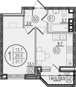 Планировка однокомнатная 31.1 м² в ЖК «Спортивная деревня», корпус 2.5