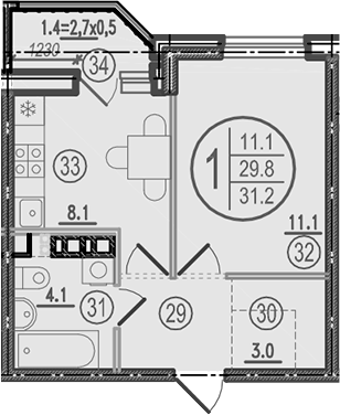 Планировка однокомнатная 31.2 м² в ЖК «Спортивная деревня», корпус 2.5