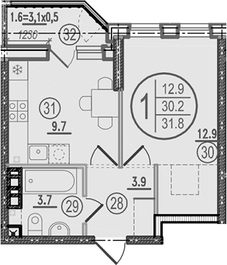 Планировка однокомнатная 31.8 м² в ЖК «Спортивная деревня», корпус 2.6