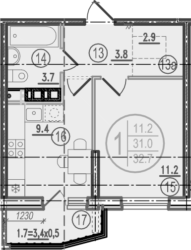 Планировка однокомнатная 32.7 м² в ЖК «Спортивная деревня», корпус 2.7