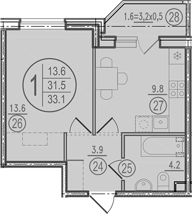 Планировка однокомнатная 33.1 м² в ЖК «Спортивная деревня», корпус 2.1