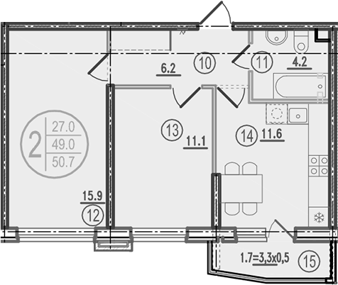 Планировка двухкомнатная 50.7 м² в ЖК «Спортивная деревня», корпус 2.7