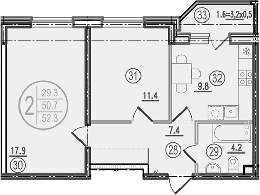Планировка двухкомнатная 52.3 м² в ЖК «Спортивная деревня», корпус 2.7