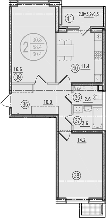 Планировка двухкомнатная 60.4 м² в ЖК «Спортивная деревня», корпус 2.7