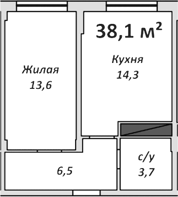 Планировка однокомнатная 38.3 м² в ЖК «Спортивный», корпус 2