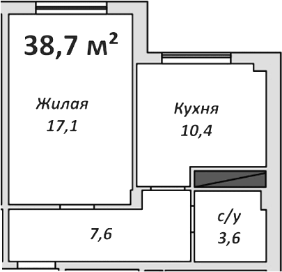 Планировка однокомнатная 38.7 м² в ЖК «Спортивный», корпус 2