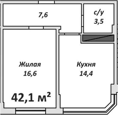 Планировка однокомнатная 42.2 м² в ЖК «Спортивный», корпус 2