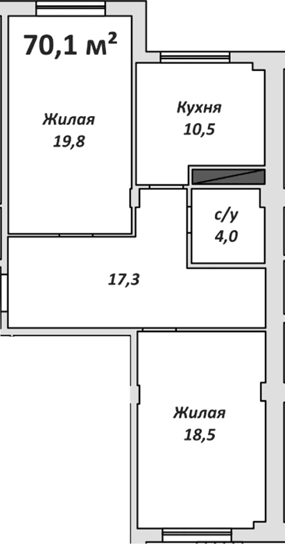 Планировка двухкомнатная 70.1 м² в ЖК «Спортивный», корпус 2
