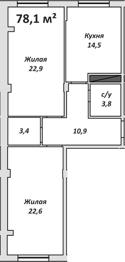 Планировка двухкомнатная 78.3 м² в ЖК «Спортивный», корпус 2