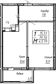 Планировка однокомнатная 43.68 м² в ЖК «Спутник», корпус 1