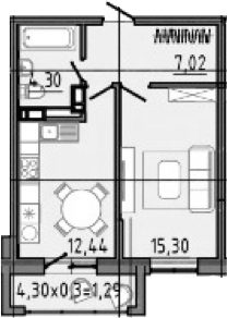 Планировка однокомнатная 44.13 м² в ЖК «Спутник», корпус 1