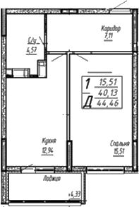 Планировка однокомнатная 44.35 м² в ЖК «Спутник», корпус 1